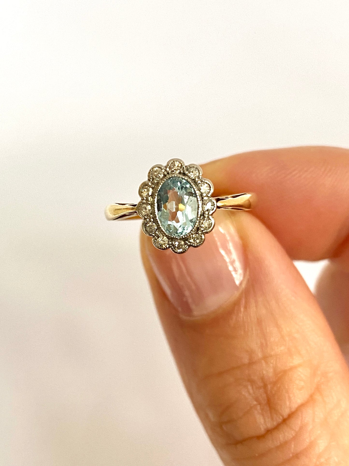 Vintage, (1940s) Aquamarine and Diamond Cluster Ring, Hallmarked, 18ct Gold, Chester, 1926