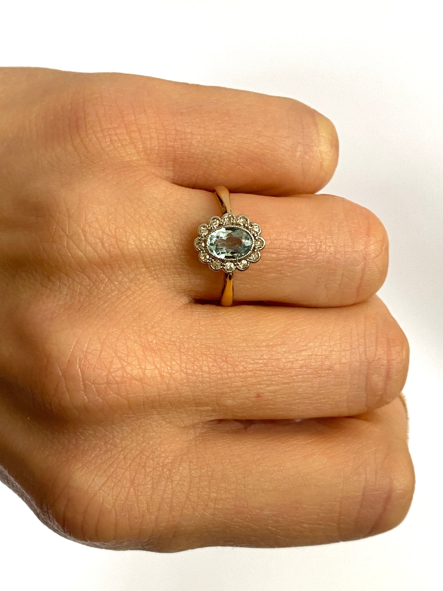 Vintage, (1940s) Aquamarine and Diamond Cluster Ring, Hallmarked, 18ct Gold, Chester, 1926