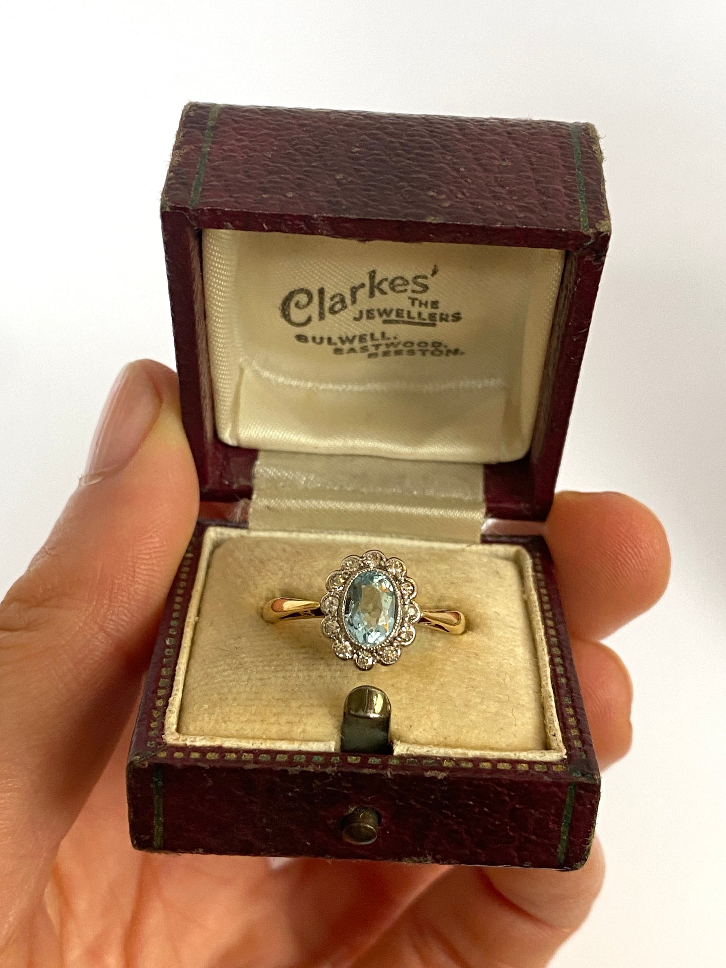 Vintage, (1940s) Aquamarine and Diamond Cluster Ring, Hallmarked, 18ct Gold, Chester, 1926