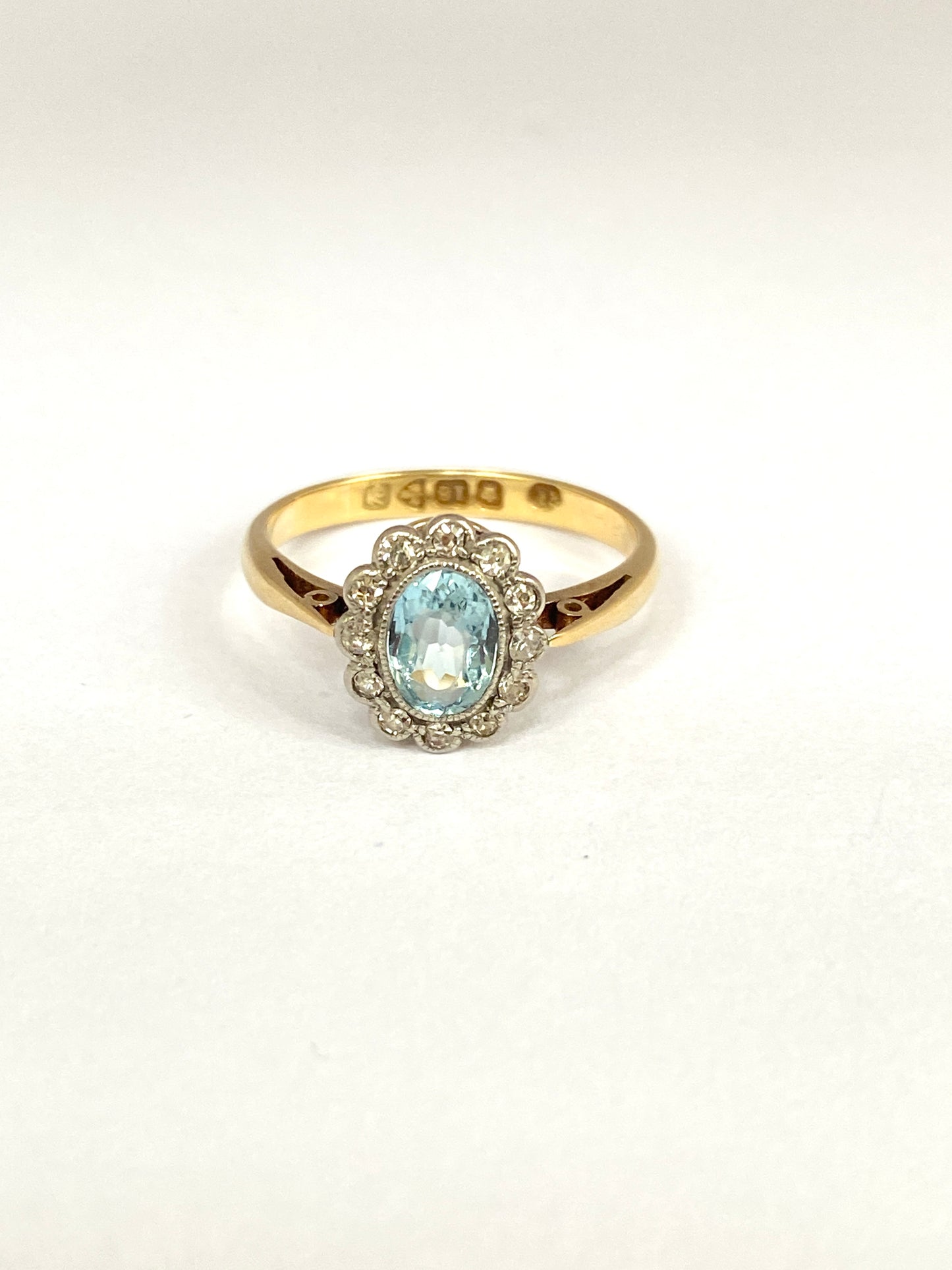 Vintage, (1940s) Aquamarine and Diamond Cluster Ring, Hallmarked, 18ct Gold, Chester, 1926