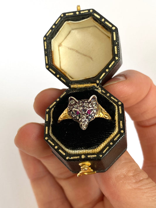 15ct Gold and Silver, Rose Cut Diamond and Ruby eyed Vintage Fox Head Ring