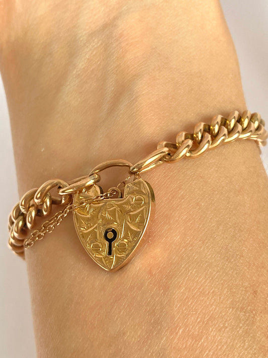 Solid Antique, 9ct Gold Curb Link Chain Bracelet with Decorated Heart Padlock (10.32g)